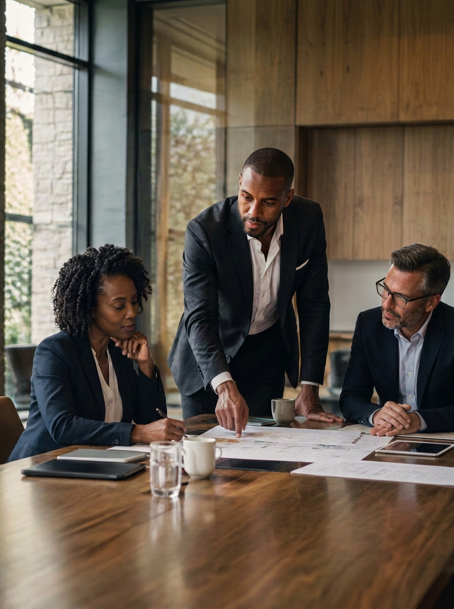 A Black man, Black woman, and white man reviewing an operational plan together