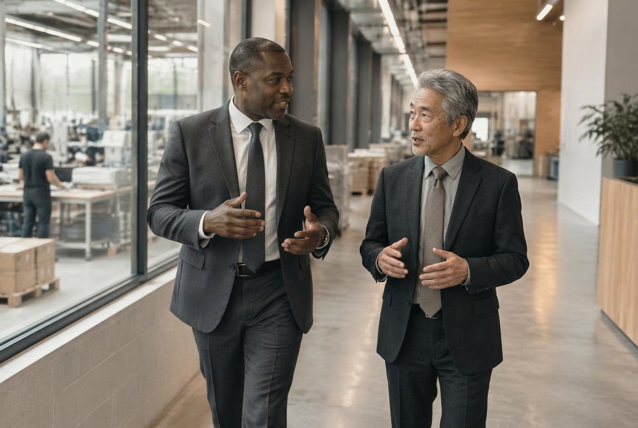 Business leaders discussing operations during a workplace walk