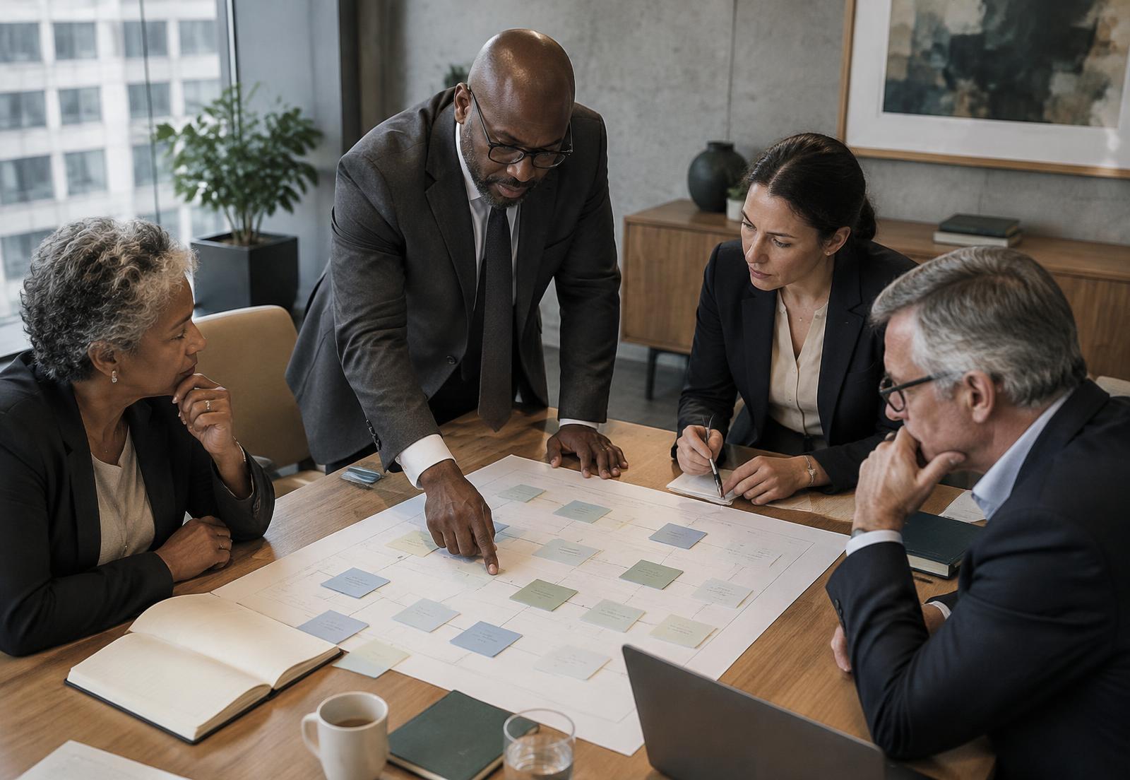 Senior leaders studying a process map during a working session